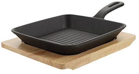 Garneck Cast Iron Square Frying Pan Non Stick Skillet Pan Lid BBQ Griddle Iron Household Frying Steak Egg Wooden Board