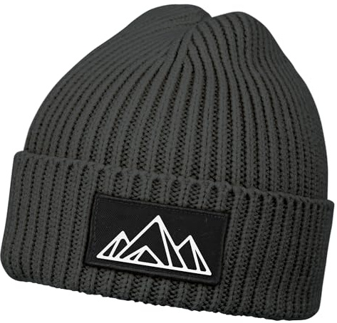 Neverless® Herren Beanie Wintermütze Patch Aufdruck Berge Wandern Outdoor Print Strickmütze Männer Rippstrick