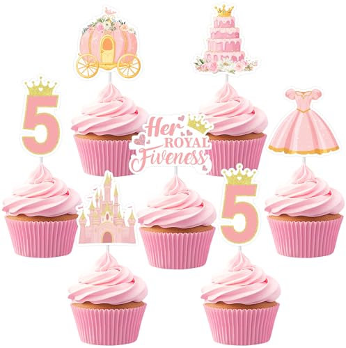 Sursurprise Prinzessin Thema 5. Geburtstag Party Dekorationen Rosa Gold, 24PCS Ihre königlichen Fiveness Cupcake Toppers, Crown Castle Hochzeitskleid Kuchen Picks