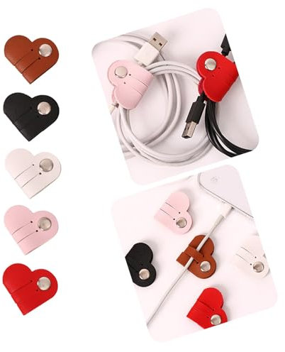 5 Stück Herz-Kabelhalter, Kabel-Organizer, Lederhalter für Kopfhörer, USB-Kabel, 5er-Set