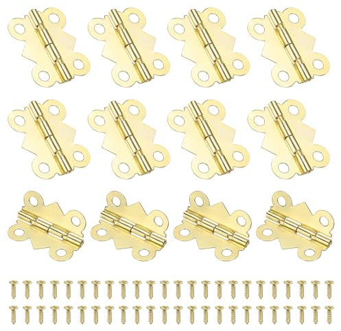 Sourcing Map 12Pcs 180 Degree Small Iron Hinges for Wooden Box, 1 Long Folding Butt Hinges Cabinet Hinges with Screws (Gold)