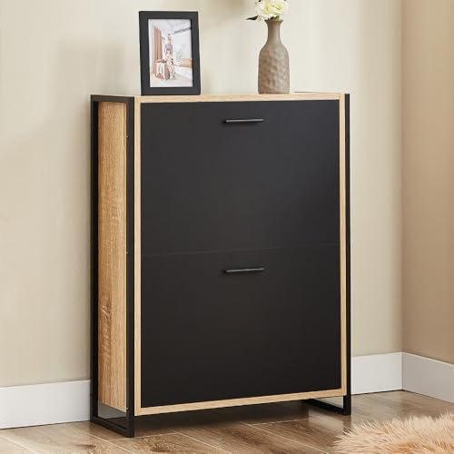 CASABEL Schuhschrank industriell 12 Paar, Schwarz und Holzrahmen | Schuhaufbewahrung, 2 Klappen, große Kapazität, verstellbare Regale, platzsparend, Industriedesign, einfache Montage