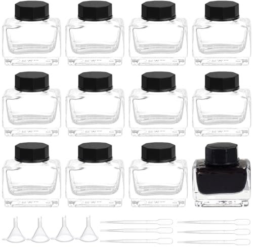 BENECREAT 12Pcs Heavy Duty Glass Ink Jars, 15ml Glass Bottles with Black Plastic Caps, 6Pcs Plastic Droppers, 4Pcs Funnels for Ink Liquid