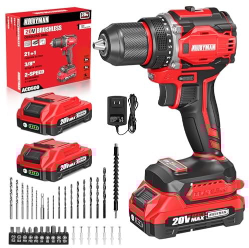 Alloyman 20V MAX Cordless Drill Set, Brushless Motor Design, 1800RPM, Max 531 in-lbs Torque, 3/8 Keyless Metal Chuck, 21+1 Torque Settings, Electric Power Drill Set for Concrete, Metal, Wood