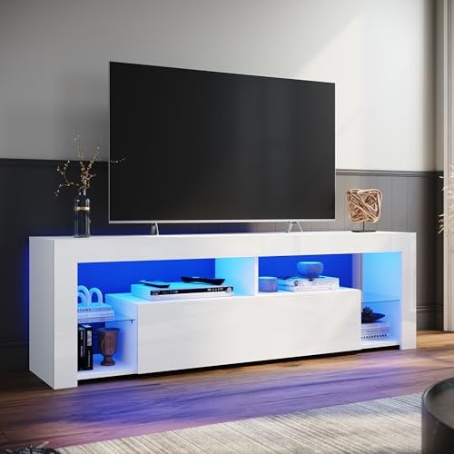 ELEGANT TV Stand Cabinet Unit with 16 RGB LED Lights, High Gloss TV Stand with Large Storage and 1 Big Drawer, Modern White TV Cabinet with 2 Glass Shelf for Living Room, Bedroom 1600x350x505mm