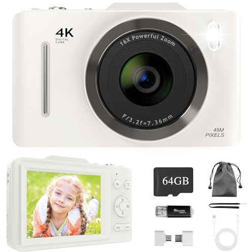 Bemkia 4K Digital Camera 48MP Compact FHD 64GB SD Card with 16X Zoom, Anti-Shake, 2.8 LCD - Portable Vlogging Camera for Kids & Beginners (White)
