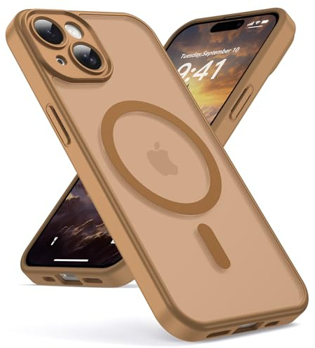 Oududianzi - Magnetisch Hülle für iPhone 15 mit Magsafe Case, KaffeeBraun | Durchscheinende Mattierte PC Rückseite TPU Silikon Schutzhülle, Kameraschutz Transluzente Matt Kratzfest Stoßfest Handyhülle