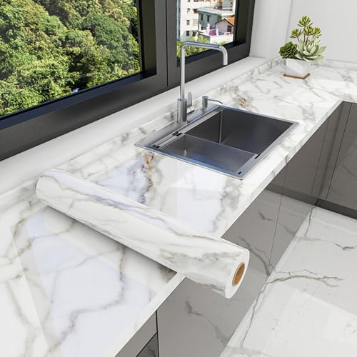 NICOLA 10m x 40cm Marble Vinyl Wrap, Waterproof Self-Adhesive Worktop Covering, Thick PVC Kitchen Counter Film with Marble Effect, Removable Worktop Vinyl for Tables, Cabinets