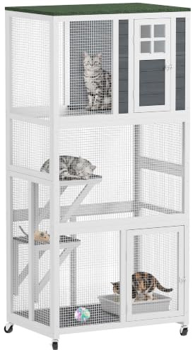 PawHut Wooden Catio, Indoor Outdoor Cat Enclosure with Weatherproof Asphalt Roof, Platforms and Brake Wheels for Multiple Cats, 92 x 65W x 189 cm, White | Weatherproof Asphalt Roof, Platforms, Brake Wheels, for Multiple Cats