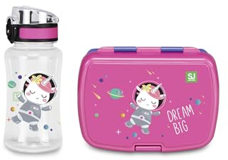 SJ GANG STYLE JAM GANG Set Portamerenda + Borraccia scuola Rosa Per Bambine Dotato Di Divisorio Interno, Vassoio Per Piccoli Snack Ermetica Con Chiusura A Bottone