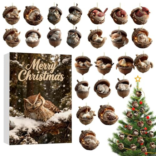 Calendario de cuenta regresiva, de bellota de animales acrílicos planos 2D, decoración de animales de cono de pino de Navidad, para sala de estar, ventana, dormitorio, cocina, puerta