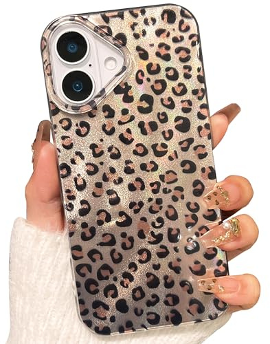 TQLGY for iPhone 16 Case, Cute Leopard Print Phone Case Glitter Shiny Shockproof Protective Bumper Cover for Women Girls, Gold