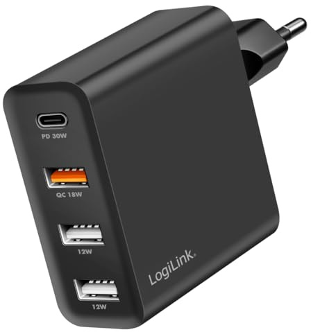 LogiLink 4-fach USB-Ladeadapter 48 W, 1x USB-C PD (PowerDelivery) & 3x USB-A QC (QuickCharge), Schnellladen, 4 Geräte, Überstrom- Überlastung- Überhitzung- Überlade- Überspannung- und Kurzschlusschutz