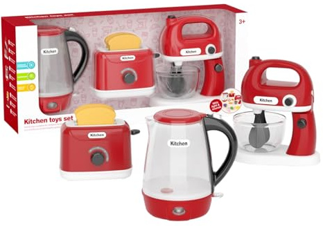 Kids Kitchen Appliance Toy Set, Red, 3-Piece with Toaster, Kettle and Whisk, Ages 3+