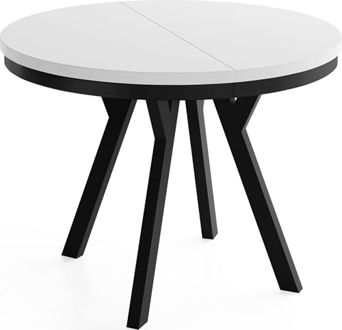 Runder Ausziehbarer Esstisch im Loft-Stil XXL Groß – Verlängerbarer Tisch mit Schwarzen Holzbeinen & Metallring – Platzsparender Esstisch für Wohnzimmer – Weiß – 100 bis 200 cm