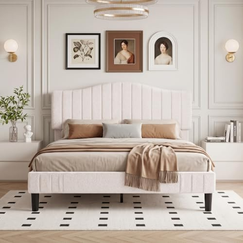 VECELO Polsterbett 140x200 cm Doppelbett, Bettgestell aus Teddy-Stoff mit höhenverstellbarem Kopfteil und Lattenrost aus Massivholz, 20 cm Stauraum unter dem Bett, modern, geräuscharm, beige