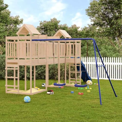 Kaloriko Spielturm Massivholz Kiefer mit Wellenrutsche und Doppelschaukel, Klettergerüst für Kind und Baby, Garten Spielhaus mit Sandkasten, Nestschaukel, robustes Holzspielgerät für draußen im Hof