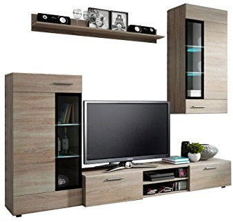 Wohnwand Twist, Design Modernes Wohnzimmer Set, Anbauwand, Schrankwand, Vitrine, TV Lowboard, Mediawand, (ohne Beleuchtung, Sonoma Eiche)