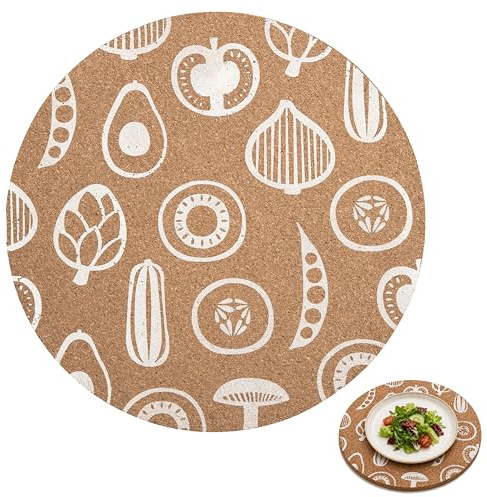 Premier Housewares Elegant Set Of Four Cork Round Placemats | Stylish White Outline Vegetable Designs Cork Placemats | Durable Easy To Clean Table Protectors For Everyday Use