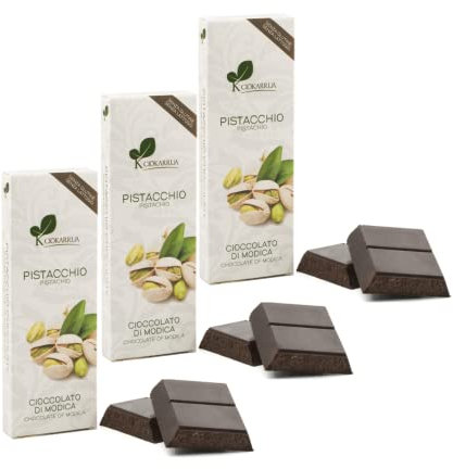 Ciokarrua | Modica Chocolat Pistache | Modica Raw Transformed Chocolate IGP | Barre de chocolat sans lactose | Tablettes de Chocolat - 3 x 100 Gr