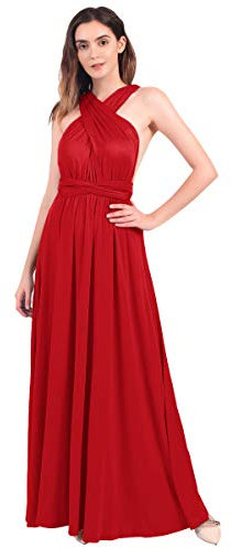 FYMNSI Robe Longue Femme Soiree, Multiway Transformateur Robe de Demoiselle d'honneur de Mariage V-Cou Licou Dos Nu sans Manches Elégant Soire Fête Été Plage Formelle Maxi Wrap Robes Rouge M