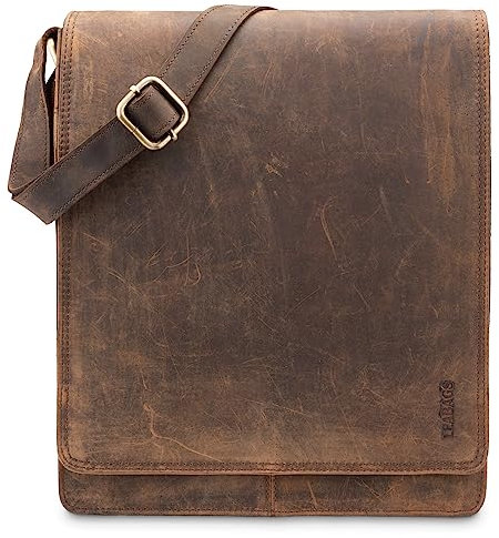 LEABAGS Leder Messenger Bag, London Vintage Herren Umhängetaschen, Echtleder Aktentasche Laptoptasche bis 13 Zoll, Umhängetasche mit Schultergurt Arbeitstasche Herren Lehrertasche