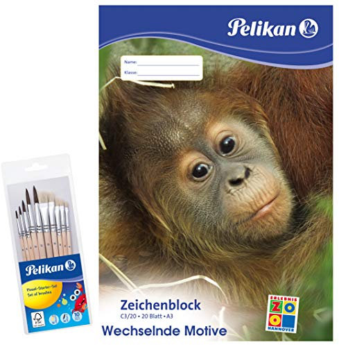 Pelikan Zeichenblock A3 mit Tiermotiven (sortiert - keine Motivwahl möglich), 100 g/m², 20 Blatt - Kombi-Set (3 x A3 Zeichenblock + 1 x 10er Pinsel-Set)