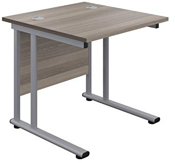 Office Hippo Heavy Duty Rectangular Cantilever Office Desk, Home Office Desk, Office Table, Integrated Cable Ports, PC Desk For Office or Home, 5 Yr Wty - Silver Frame/Grey Oak Top, 80cm x 80cm