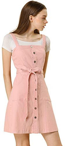 Allegra K Robe Salopette pour Femme à Bretelles Ajustables Robe en Jean Coupe trapèze Rose L