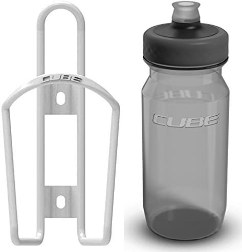 Cube HPA Cage - Gloss White & Grip Bottle - Black, 500ml / Lightweight Bicycle Cycling Cycle Bike MTB Mountain Road Water Drink Flask Bidon Bracket Mount Holder Carrier Part HPC HPP Set Accessories
