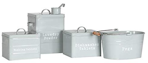 Harbour Housewares Kitchen Utility Canisters - 4pc - Grey - Steel Vintage Industrial Under Sink Storage Caddy Cupboard Organiser for Laundry Powder, Washing Tablets, Dishwasher Tablets and Pegs