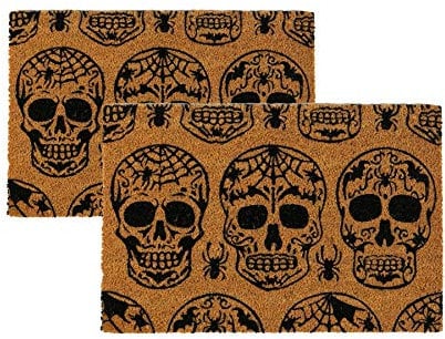 Nicola Spring Halloween Coir Door Mats 60 x 40cm Day of the Dead Design - 2 Pack Decorative Front Door Entry Rug, Durable Natural Coir with Non Slip PVC Backing Outdoor Boot Scraper Doormat