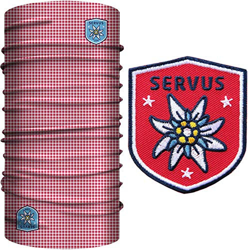 Club of Heroes Patch-Set (Karo Edelweiss Rot) 1 Abzeichen gestickt + 1 Multifunktionstuch aus weicher Mikrofaser/Applikation Patch Aufbügler Aufnäher/Halstuch Kopftuch Schlauchschal