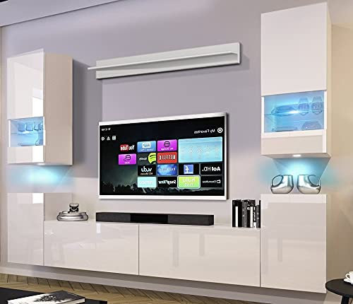 Furnitech Wohnwand Wohnzimmer | Wohnzimmer Möbel mit LED Weiß | Hängend Wohnwand Modern | Wohnzimmer Schrankwand mit Regale und TV Schrank (Future 68/HG/W/2 1B)