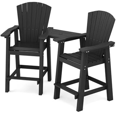 KINGYES Adirondack - Set di 2 sgabelli da bar Adirondack per esterni con vassoio di collegamento – Sgabelli da patio resistenti alle intemperie per terrazza, balcone, piscina, cortile, nero