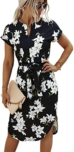 Ajpguot Sommerkleid Damen Elegant Kleider Kurzarm V-Ausschnitt Strandkleid Blumen Knielang Kleid mit Gürtel Partykleid Abendkleid (Schwarz-Weiss, XL)
