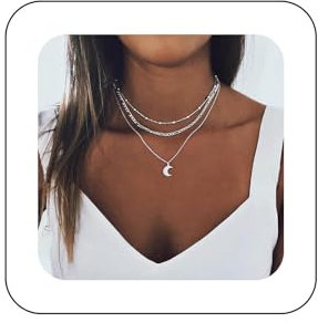 Aneneiceera Boho Layered Moon Anhänger Halskette Silber Einfache Kette Choker Mehrschichtige Halsketten Modeschmuck Verstellbare Hochzeitsaccessoires Geschenk für Frauen und Mädchen