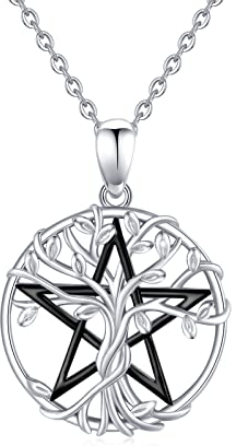 Pentagramm Halskette 925 Sterling Silber Hexen Baum des Lebens Kette Pentagramm Magic Amulett Anhänger Schmuck Geschenke für Damen (Schwarzes Gold)