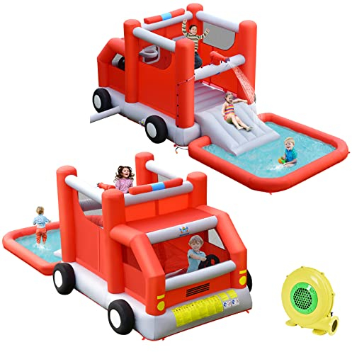 GOPLUS Aufblasbare Hüpfburg Feuerwehrauto, Kabine, Sprungbett, Rutsche, Pool, Oxford-Stoff, Sicherheitsnetze, Tragetasche, für 3-4 Kinder bis 135kg, für Einkaufszentrum, Park & Haus (Mit 450W Gebläse)