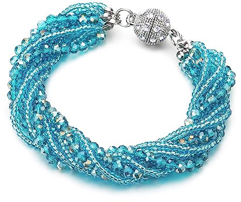 COOLSTEELANDBEYOND Damen Blau Kristall Wulst Multi-Strang Armband mit Strass Ball Charme Magnetverschluss