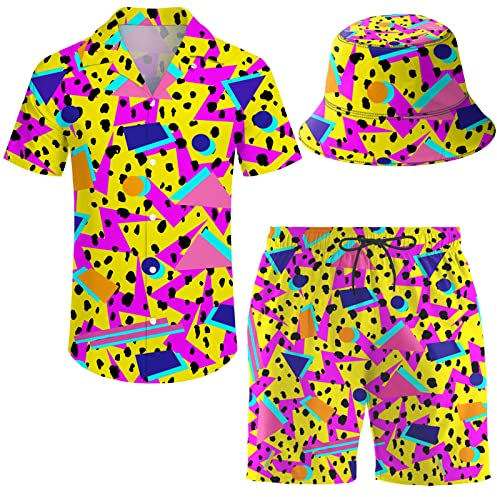 ifamawlea Herren Trainingsanzug Hawaii-Hemd, Shorts, Button-Down-Shirt und Shorts, Sets mit Fischerhüten, 2-teilig, Retro 80er 90er Jahre Grafik 1, XXX-Large
