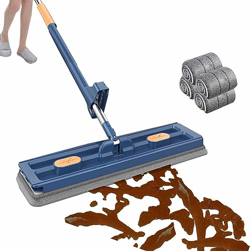 Roseionly Großer Flachmopp, Roseionly Großer Flachmopp, Edelstahl-Langstielmopp mit 6 wiederverwendbaren Mikrofaserpads, Magic Mop 360° mit Entwässerungsschaber (Blue)