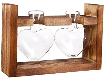 TOPBATHY Retro Wooden Frame 2 Heart Shape Glass Vases Hydroponic Planter Set for Indoor Green Plants and Flower Arrangement Home Decoration