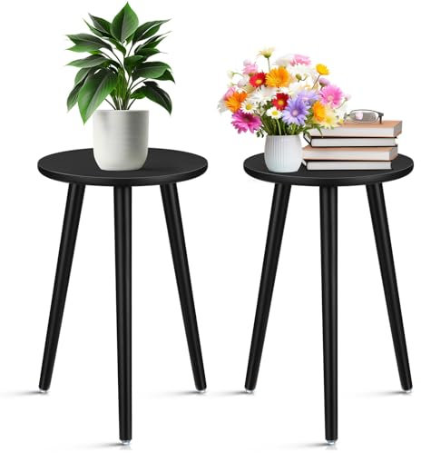 Briwooody 2 supporti per piante da interni, stile vintage di metà secolo, in legno, moderno, tavolino rotondo, sgabelli per piante per soggiorno, angolo e balcone, decorazione (41,9 cm, nero)