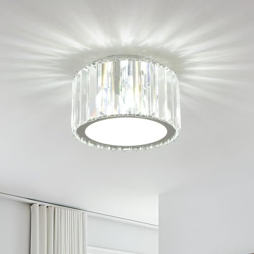 FORCOSO Kristall Deckenleuchte 3 Flammig, Kronleuchter Chrom mit Metall Rund Rahmen Lampenschirm, Sockel G9 Deckenlampe, Moderne Ceiling Light Lampe für Schlafzimmer Wohnzimmer Flur Küche ø22cm