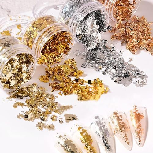 12 Boxen Nail Gold Folien,Blattgold Nailart,Pailletten Glitter Goldfolie für DIY Nagel Kunst Dekorationen