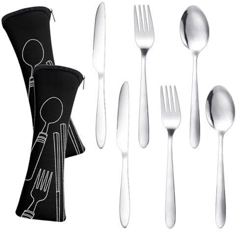 HonGien 2 Set Camping Cutlery with Portable Pouch Case Stainless Steel Camping Flatware Stainless Steel Cutlery Set 6-Piece Camping Set with Bag for Outdoor Travel Picnic Office School Lunch Box(Black