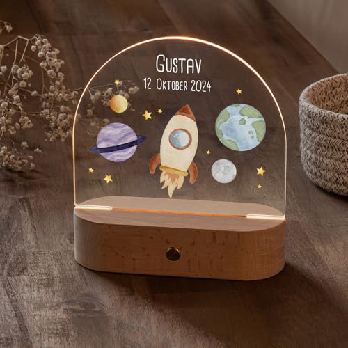LILUNA - Personalisiertes Nachtlicht für Kinder Rakete im Weltraum | dimmbar, kabellos, aufladbar | Schlummerlicht für Babys - Geschenk zur Geburt & Taufe