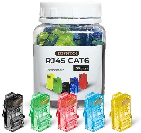 Spetstech RJ45 Connectors 50-Pack Cat 6 Pass-Through Connectors (Cat 6 Ends / RJ45 Modular Plugs) for Solid or Stranded UTP Ethernet Cables (50, MIX)