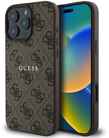 CG Mobile Guess HC Handyhülle für iPhone 16 Pro Max, langlebig, stoßfest, kompatibel mit MagSafe, PU-Hülle 4G Ring Classic Logo Case, Braun